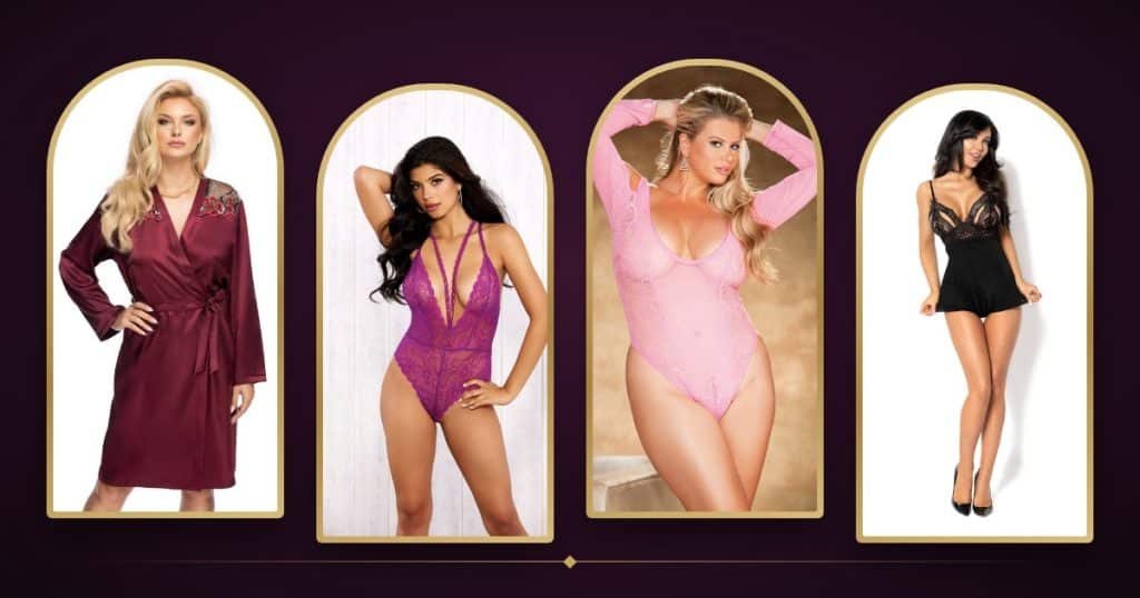 Lace de Luxe holiday fit and gift guide: plum robe, purple teddy, rose plus size teddy and black teddy in gold arches