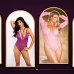 Lace de Luxe holiday fit and gift guide: plum robe, purple teddy, rose plus size teddy and black teddy in gold arches