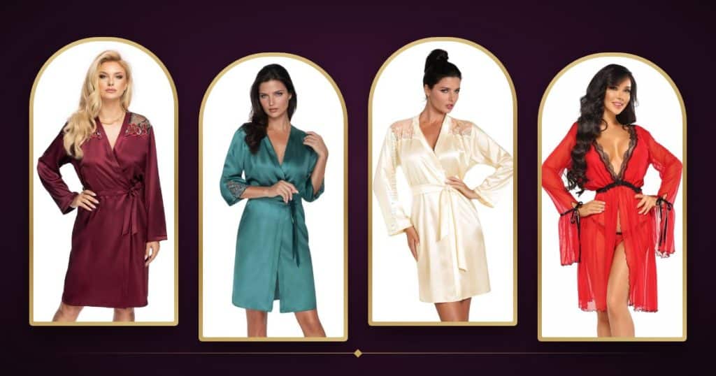 Four satin robes in plum, emerald, cream and red framed in gold arches, the Lace de Luxe satin robe guide