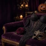 Black lace corset and gold masquerade mask on a plum velvet chaise with candles and roses