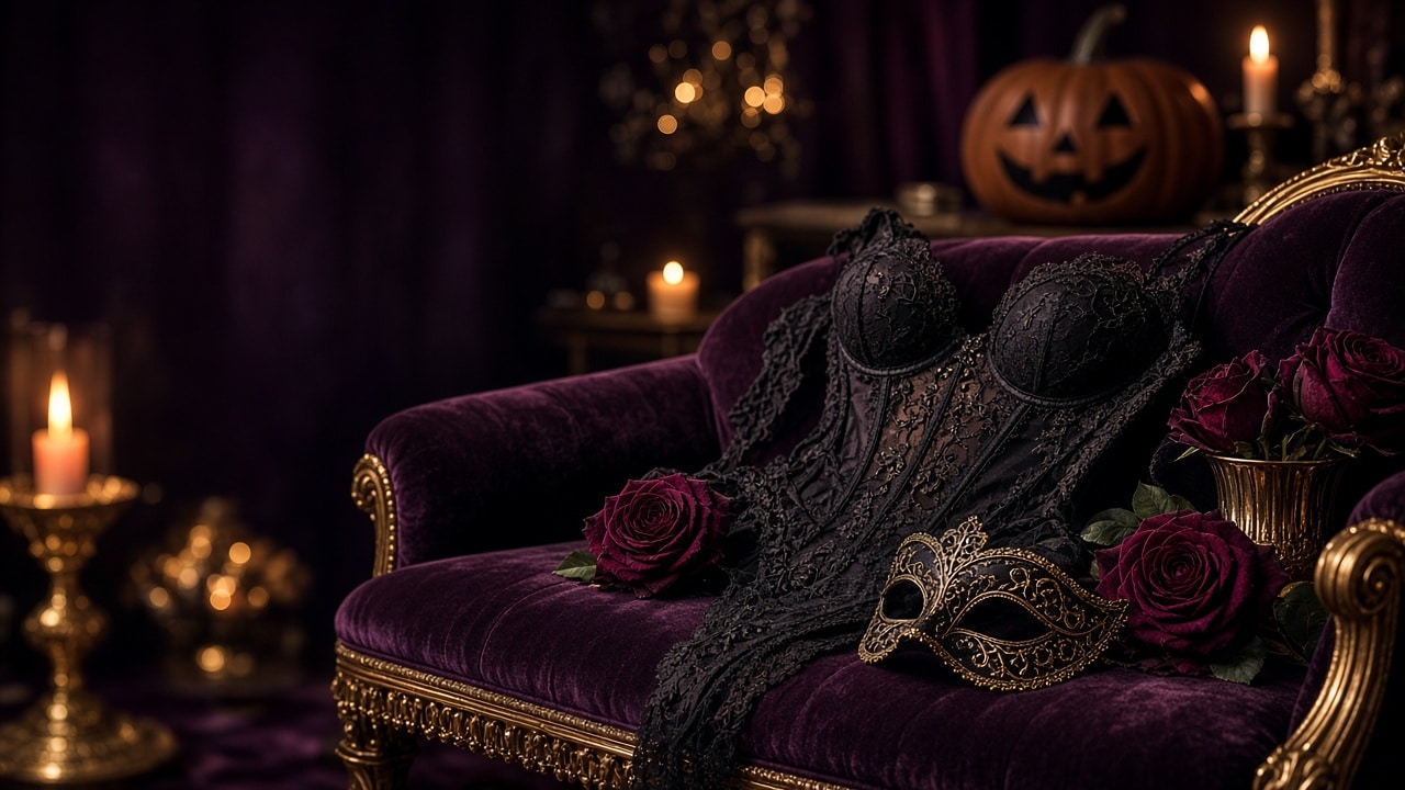 Black lace corset and gold masquerade mask on a plum velvet chaise with candles and roses